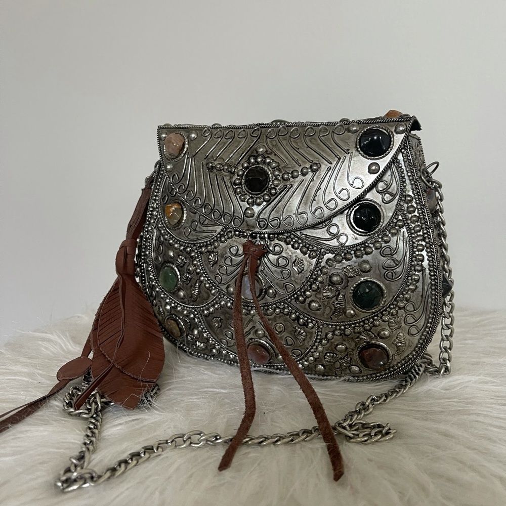 Sam Edelman Embellished Mini Purse. Chain Strap. Silver Metal Bag